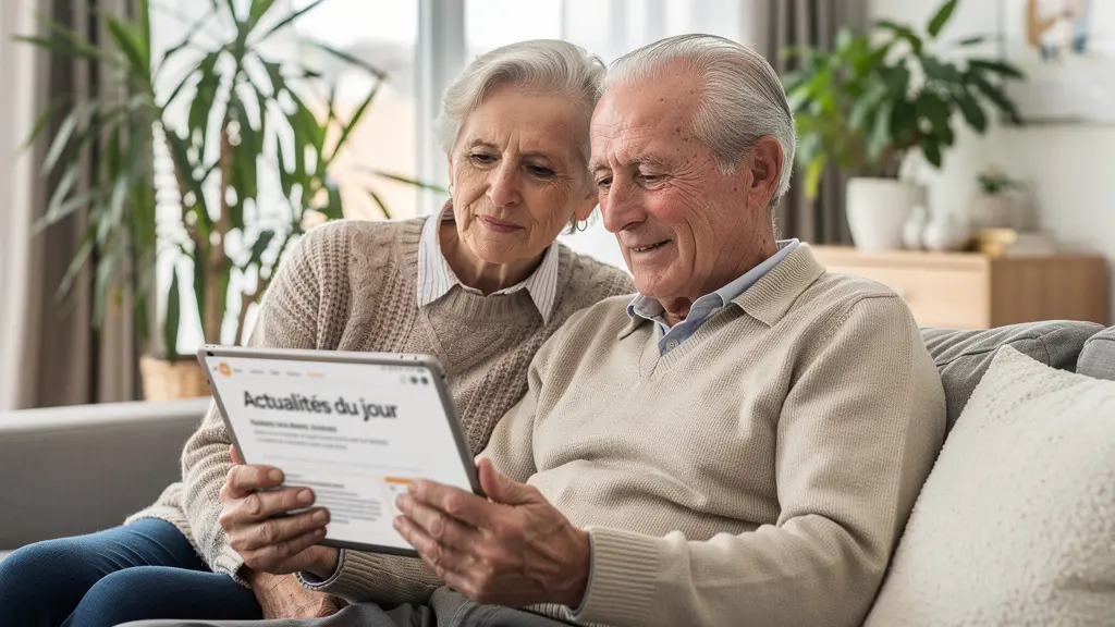 Couple senior consultant une tablette dans un salon lumineux de résidence moderne