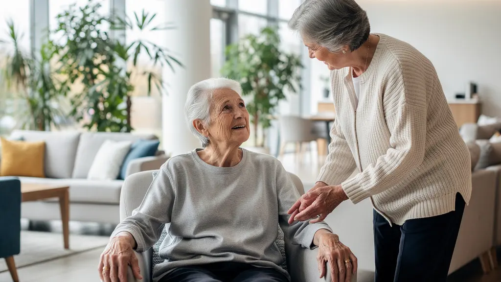 Deux seniors européens discutant dans un salon lumineux avec plantes vertes en résidence