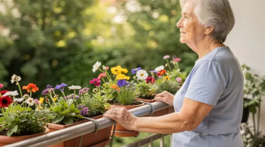 Senior européenne contemplant son jardin depuis le balcon fleuri de sa résidence à Amiens