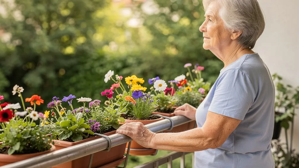 Senior européenne contemplant son jardin depuis le balcon fleuri de sa résidence à Amiens