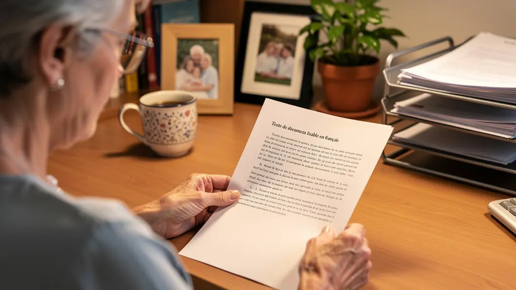 Femme senior avec lunettes consultant un document à son bureau