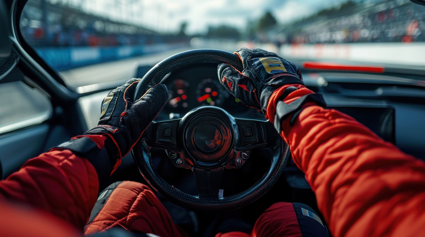 Véhicule sportif haut de gamme circulant sur un circuit automobile homologué avec glissières de sécurité et marquages de piste visibles