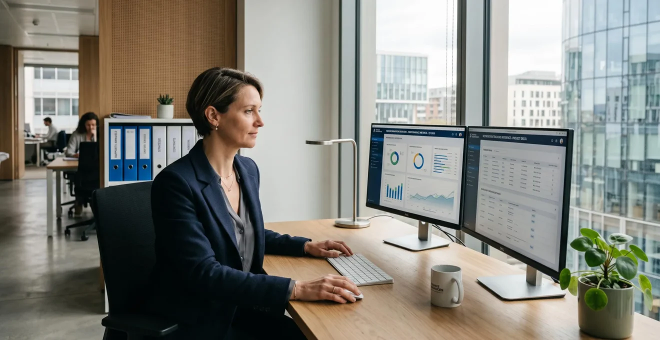 Directrice transformation digitale d'une compagnie d'assurance française travaillant sur double écran affichant tableaux de bord de gestion de notifications clients, dans bureau contemporain lumineux