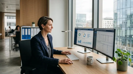 Directrice transformation digitale d'une compagnie d'assurance française travaillant sur double écran affichant tableaux de bord de gestion de notifications clients, dans bureau contemporain lumineux