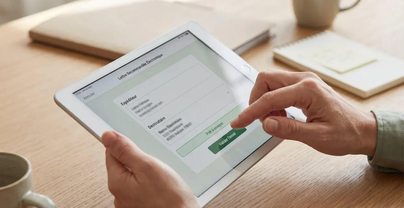 Gros plan main de gestionnaire assurance validant envoi de lettre recommandée électronique sur interface tactile professionnelle affichant formulaire en français