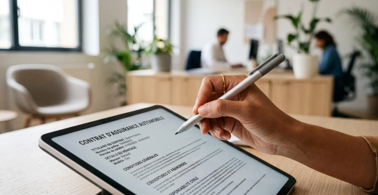 Main tenant un stylet numérique au-dessus d'une tablette affichant un contrat d'assurance automobile en français sur un bureau contemporain