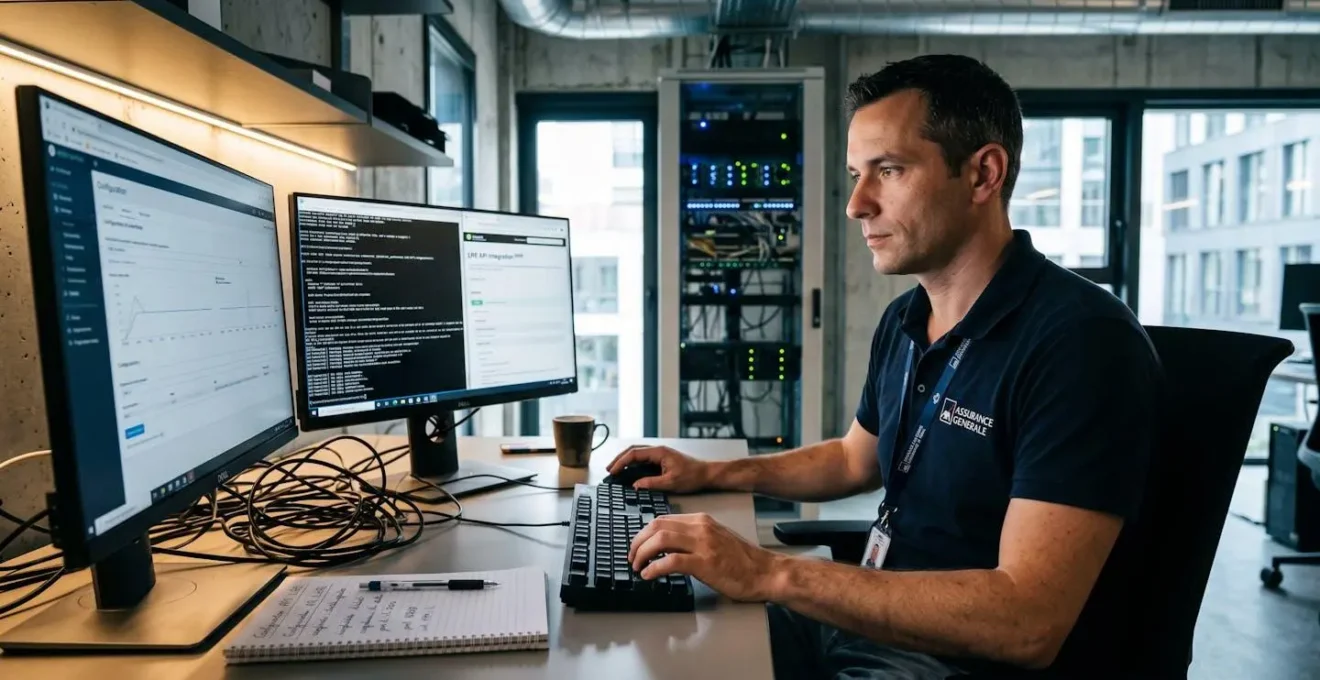 Technicien informatique d'une compagnie d'assurance configurant l'intégration API de la lettre recommandée électronique sur terminal de commande, environnement technique professionnel