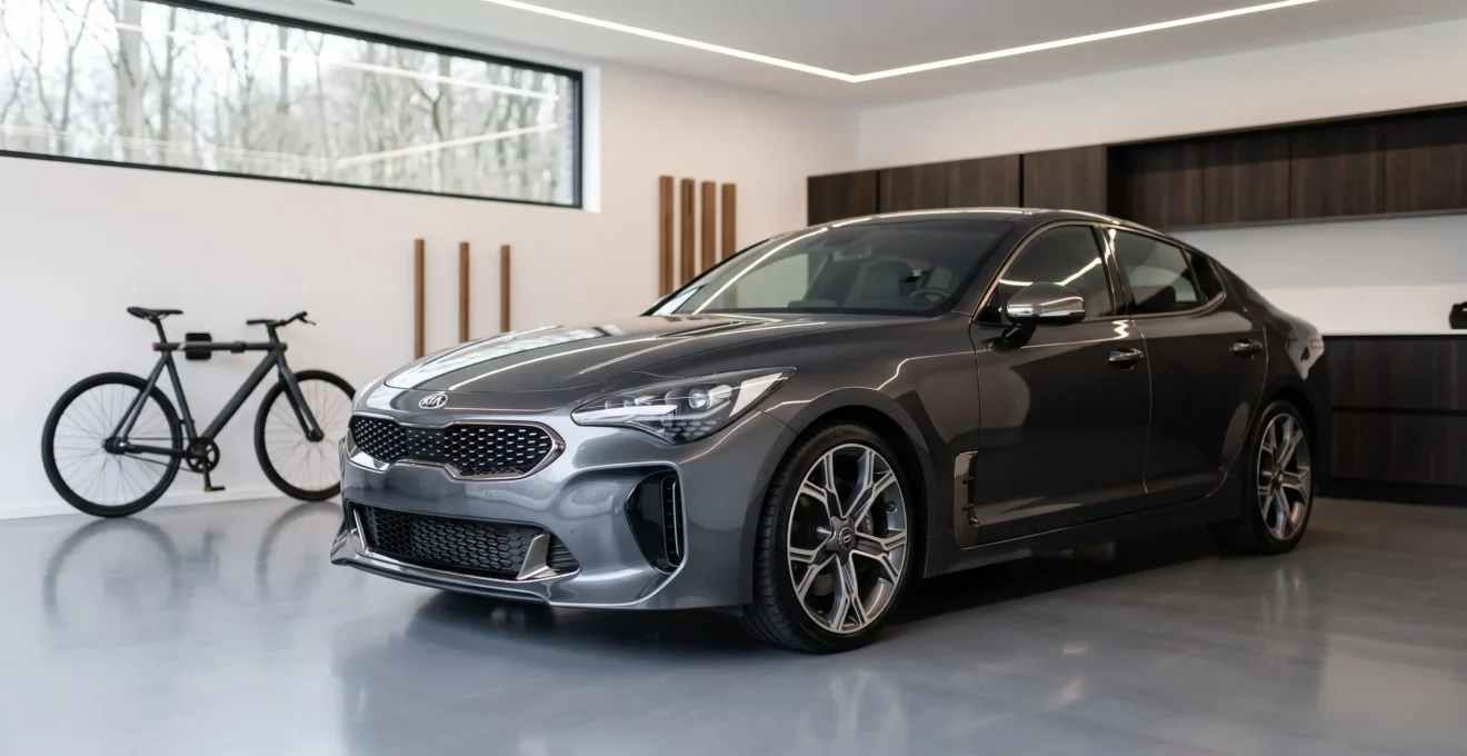 Véhicule sportif haut de gamme garé dans un garage privé contemporain sécurisé avec éclairage architectural mettant en valeur la carrosserie