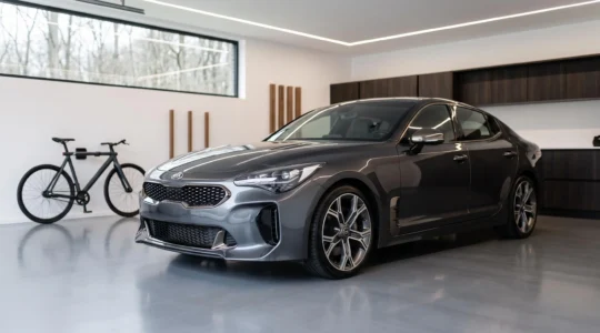 Véhicule sportif haut de gamme garé dans un garage privé contemporain sécurisé avec éclairage architectural mettant en valeur la carrosserie
